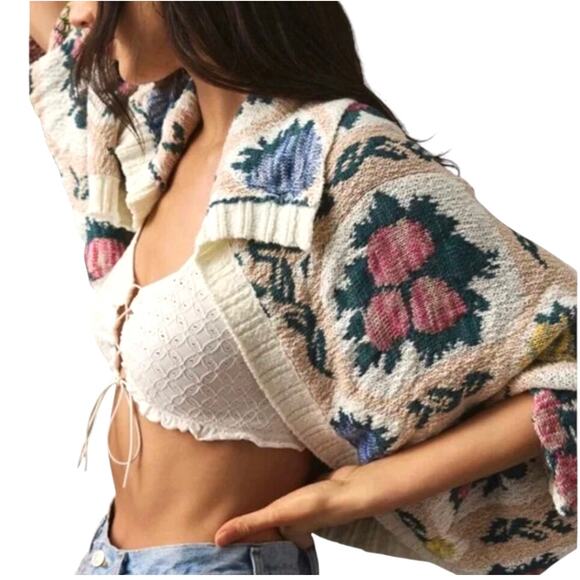 Anthropologie Floral Cocoon Slouchy Oversized BOHO Cardigan Knit Sweater 
M / L - Picture 2 of 16
